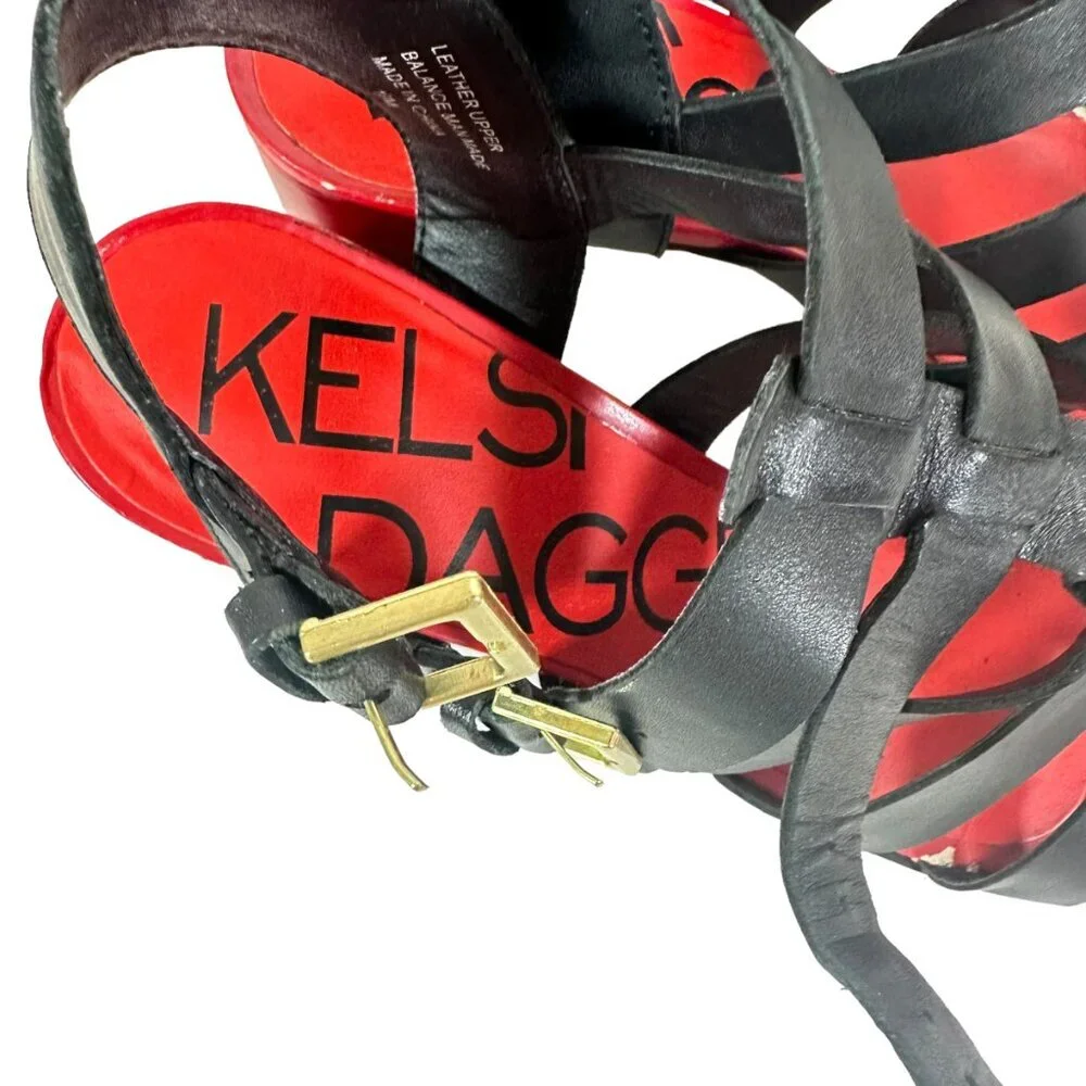 Killer Red soles, chunky heels and black straps sandals by brand Kelsi Dagger